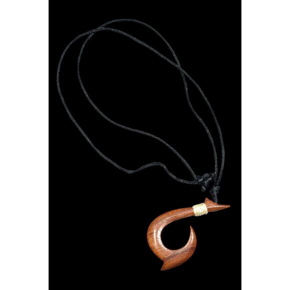 Hand Carved Hawaiian Koa Wood Hook Pendant Necklace - Picture 1 of 8